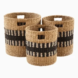 SEAGRASS & JUTE ROUND LOG BASKET WITH CUTOUT HANDLE